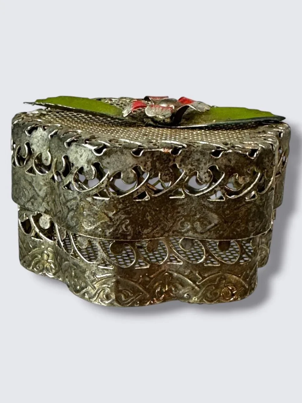 Vintage Handcrafted Silver-Tone Flower Trinket Box With Filigree Design And Enam